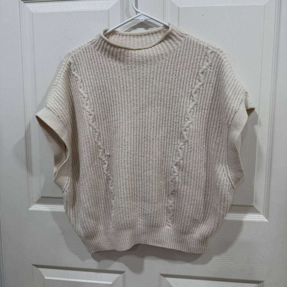 Anthropologie Cream Cable Knit Mock Neck Sweater Vest Cream Medium B3